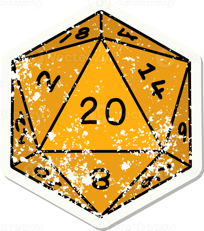 grunge sticker of a natural 20 D20 dice roll png