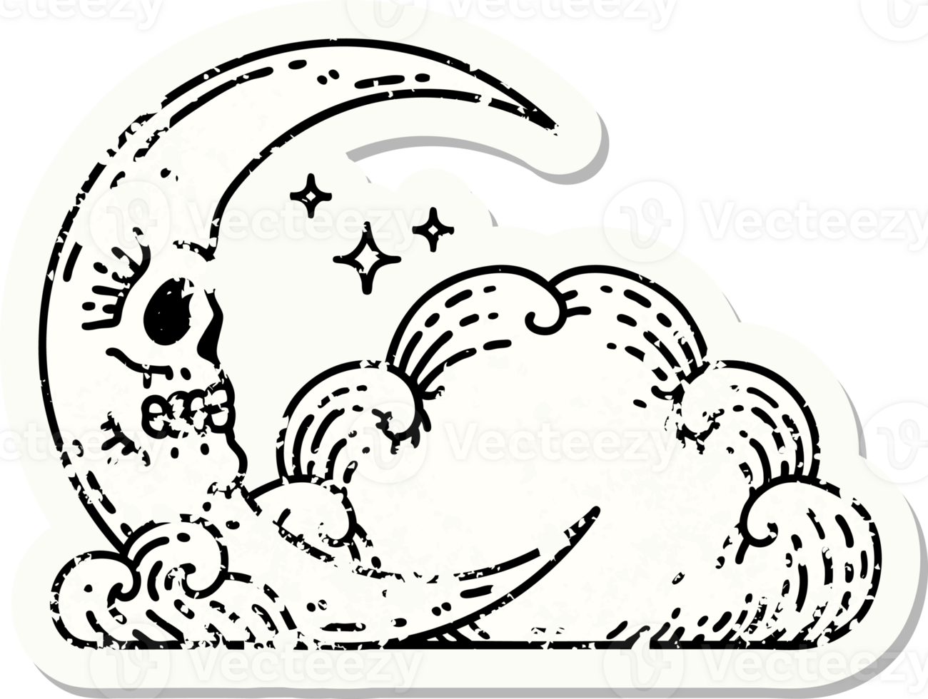 distressed sticker tattoo in traditional style of a skull crescent moon and clouds png