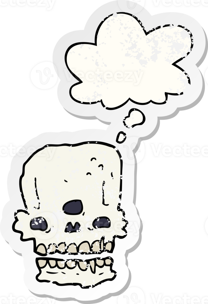 cartoon spooky skull with thought bubble as a distressed worn sticker png