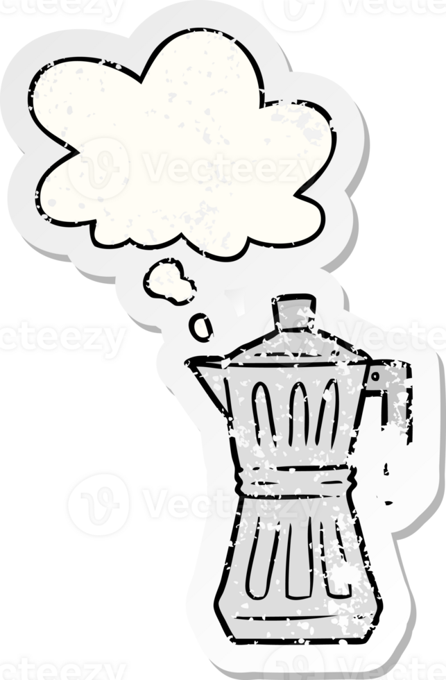 cartoon espresso maker with thought bubble as a distressed worn sticker png