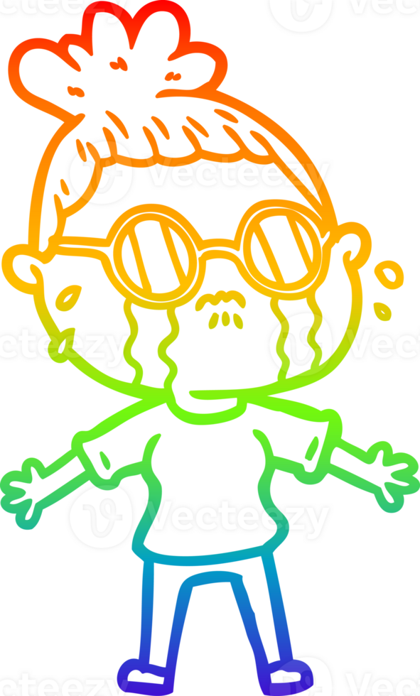 rainbow gradient line drawing of a cartoon crying woman wearing spectacles png