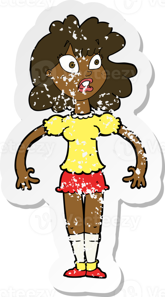 retro distressed sticker of a cartoon pretty girl with shocked expression png