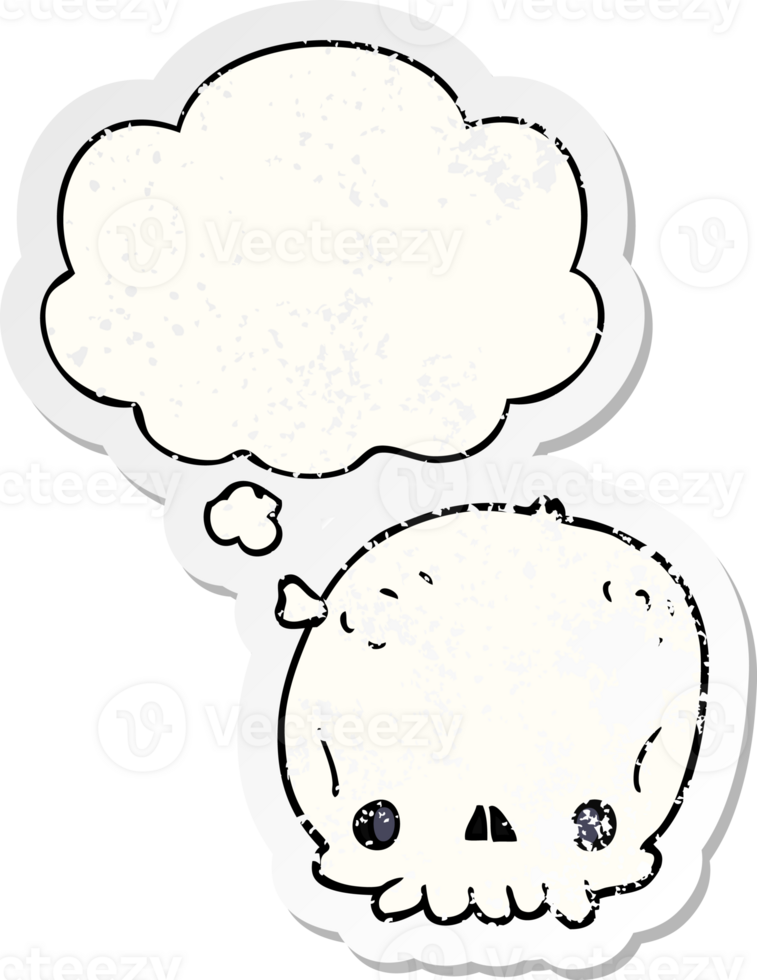 cartoon skull with thought bubble as a distressed worn sticker png