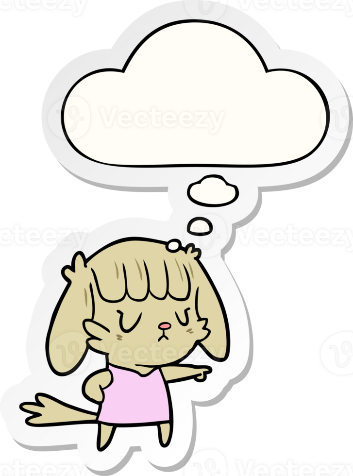 cartoon dog girl pointing with thought bubble as a printed sticker png