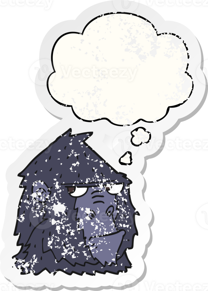 cartoon gorilla with thought bubble as a distressed worn sticker png