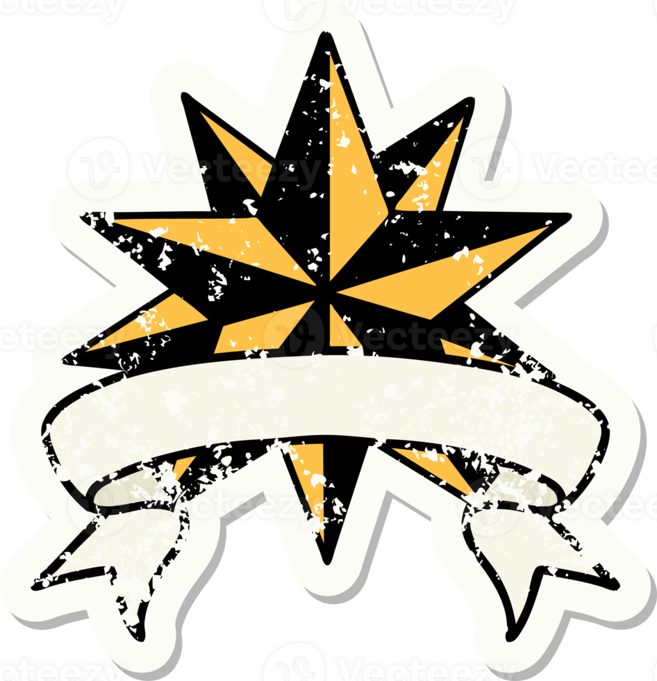 worn old sticker with banner of a star png
