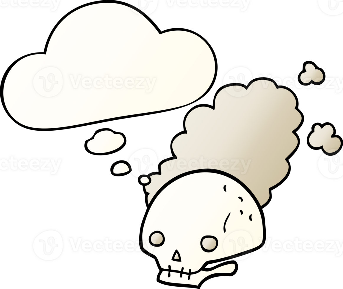 cartoon dusty old skull with thought bubble in smooth gradient style png