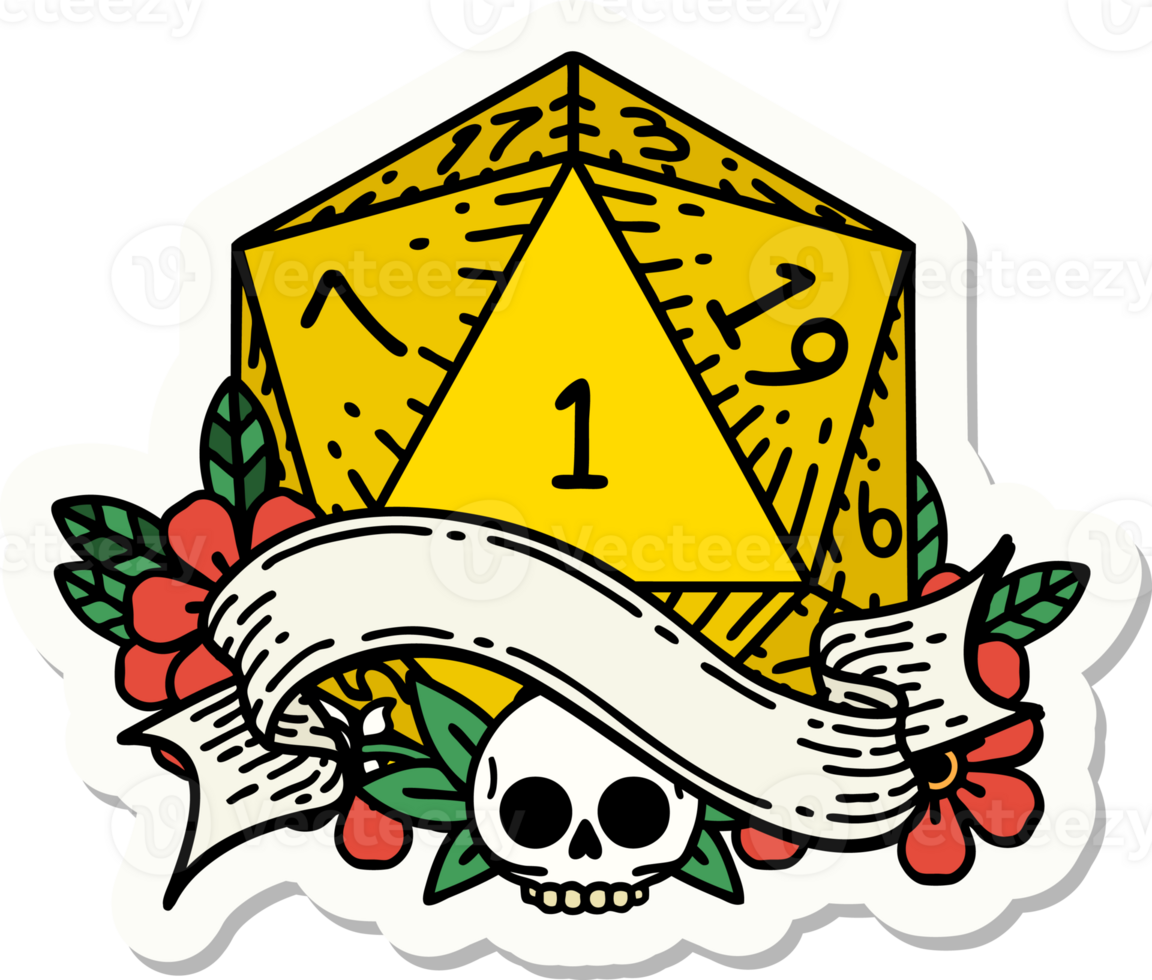 sticker of a natural one d20 dice roll png