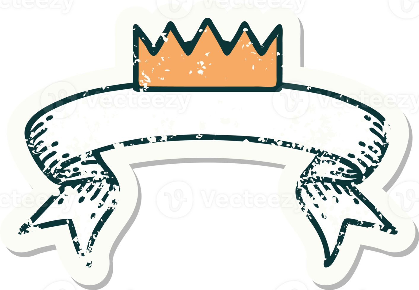 worn old sticker with banner of a crown png
