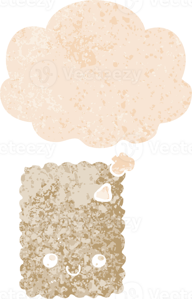 cartoon biscuit with thought bubble in grunge distressed retro textured style png