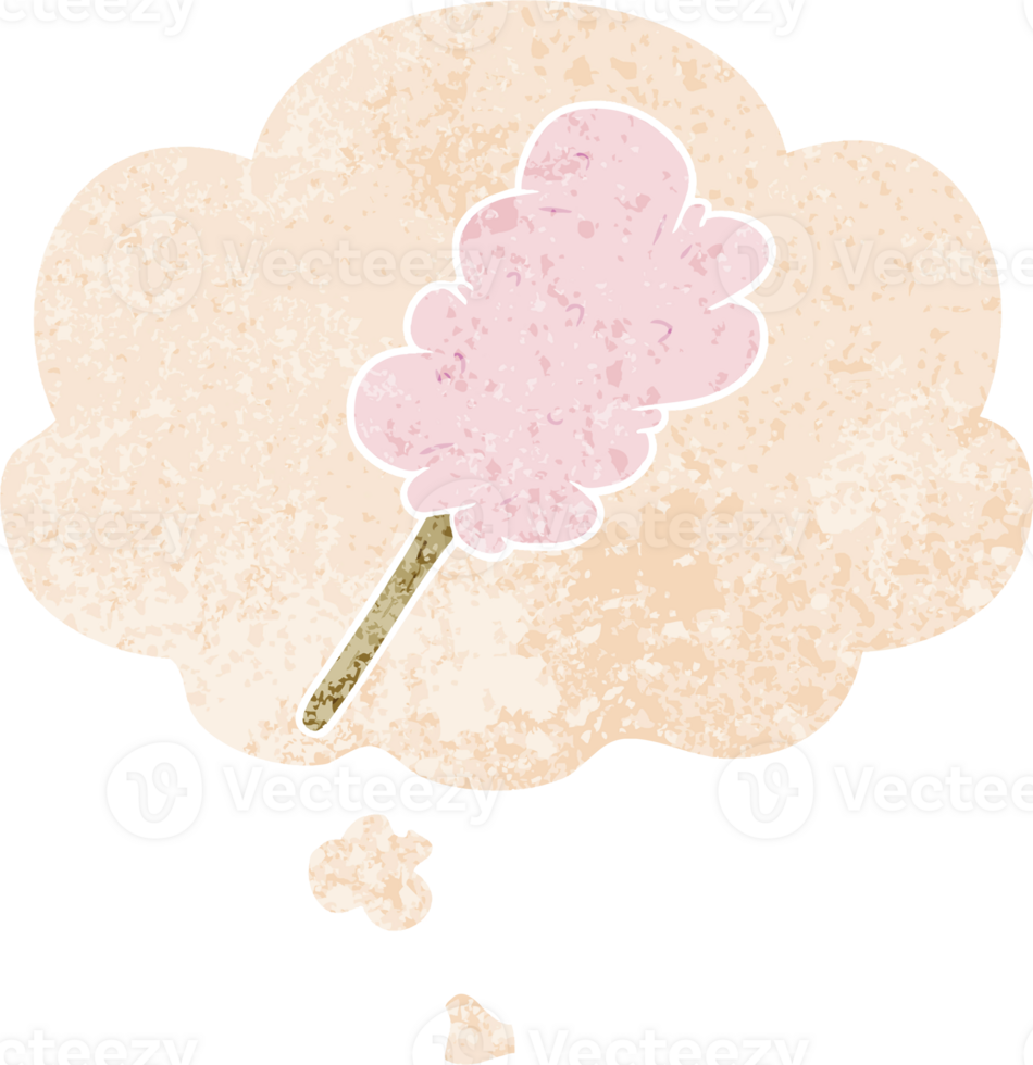 cartoon candy floss with thought bubble in grunge distressed retro textured style png