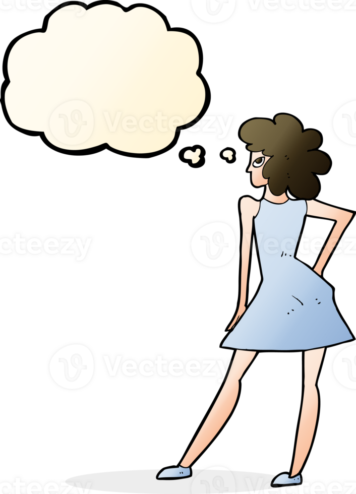 cartoon woman posing in dress with thought bubble png