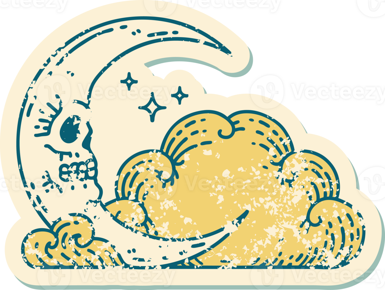iconic distressed sticker tattoo style image of a skull crescent moon and clouds png