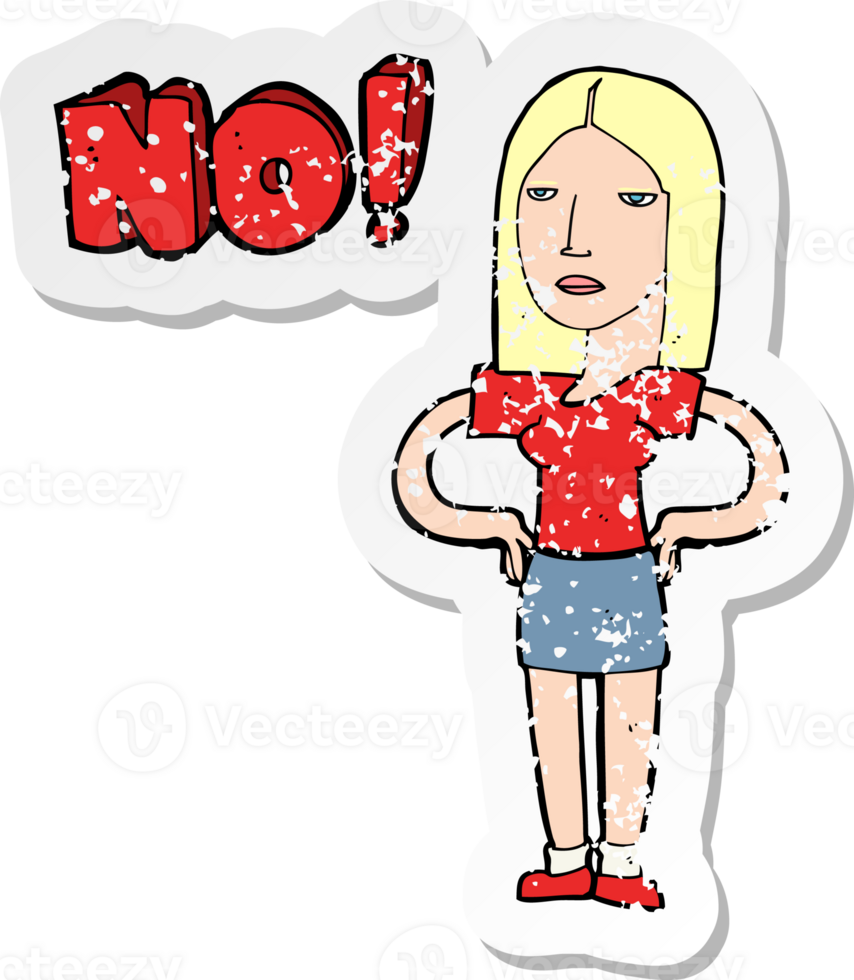 retro distressed sticker of a cartoon woman saying no png