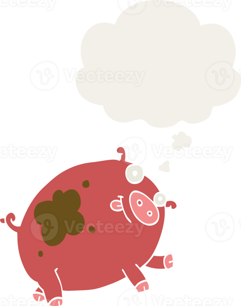 cartoon pig with thought bubble in retro style png