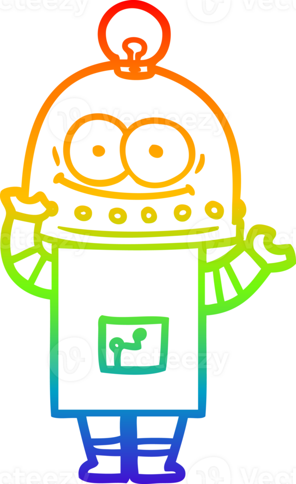 rainbow gradient line drawing of a happy carton robot with light bulb png
