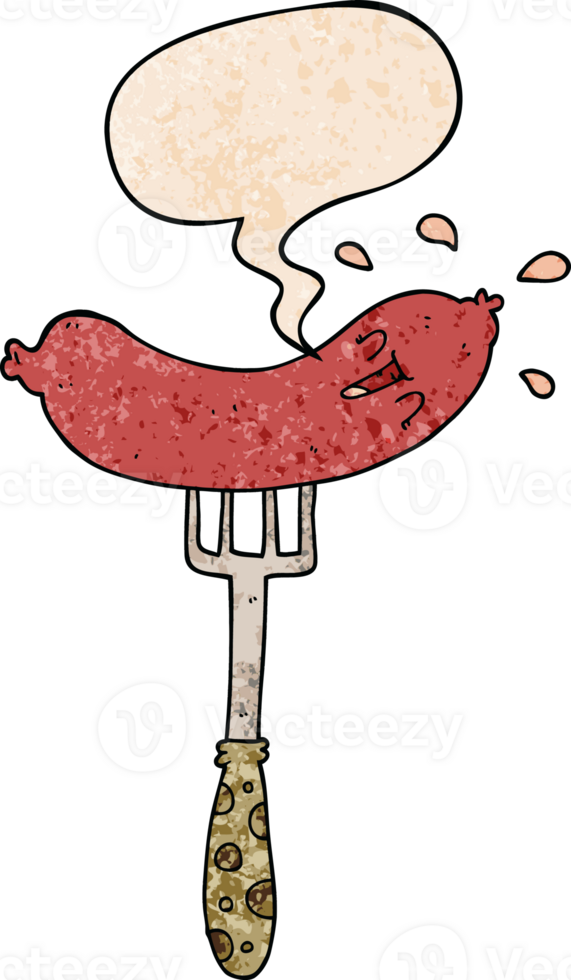 cartoon happy sausage on fork with speech bubble in retro texture style png