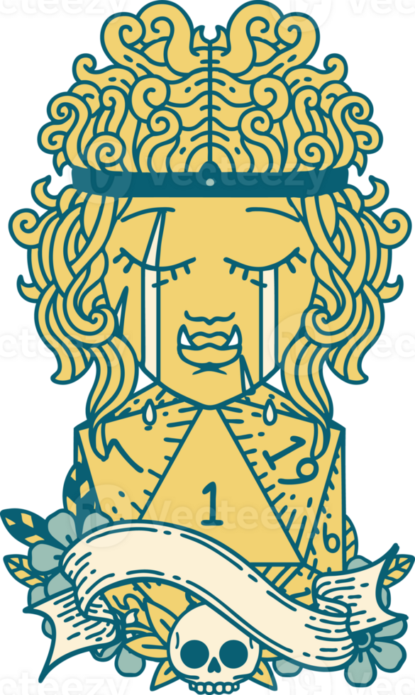 Retro Tattoo Style crying orc barbarian character face with natural one D20 roll png