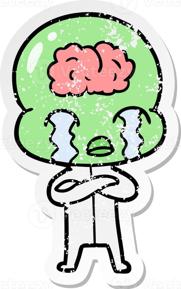 distressed sticker of a cartoon big brain alien crying png