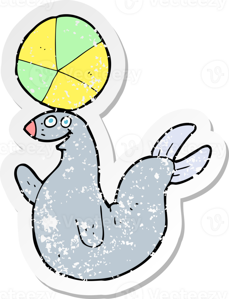 retro distressed sticker of a cartoon seal balancing ball png