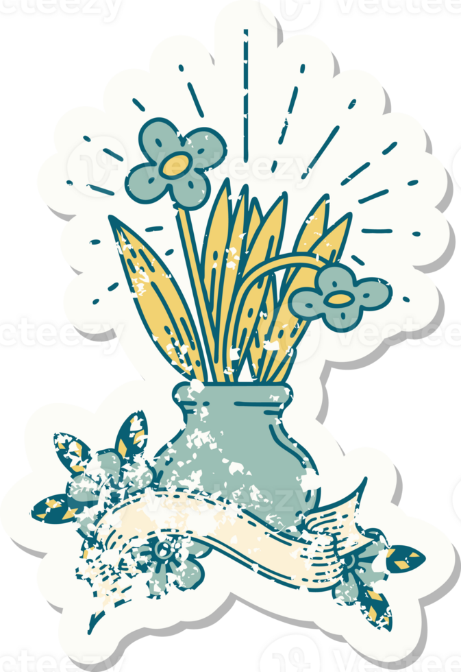 grunge sticker of tattoo style flowers in vase png