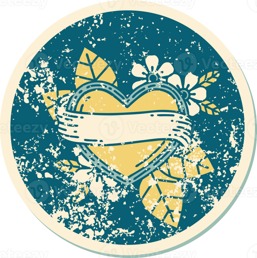 distressed sticker tattoo style icon of a heart and banner png