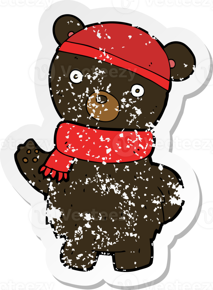 retro distressed sticker of a cartoon black bear in winter hat and scarf png