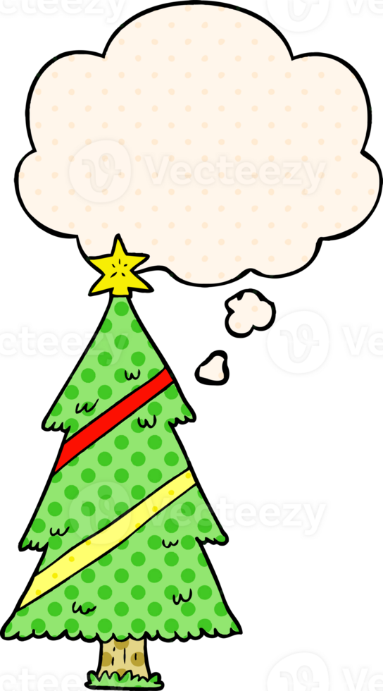 cartoon christmas tree and thought bubble in comic book style png