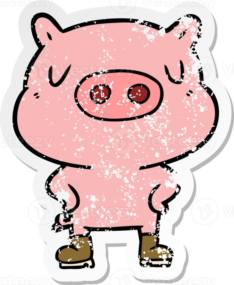 distressed sticker of a cartoon pig wearing boots png