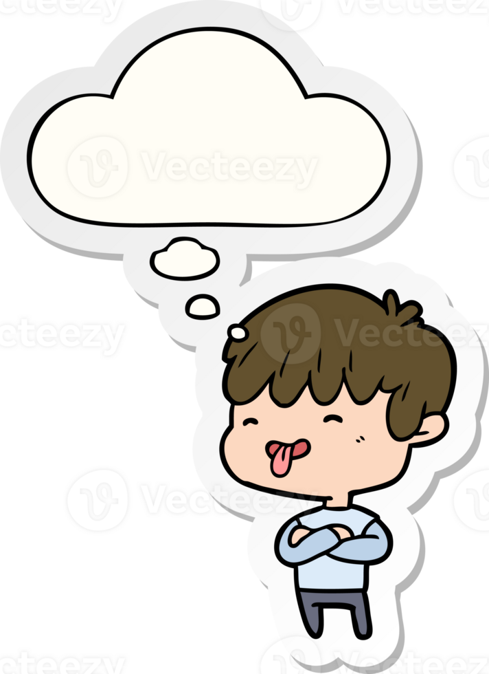 cartoon boy sticking out tongue and thought bubble as a printed sticker png