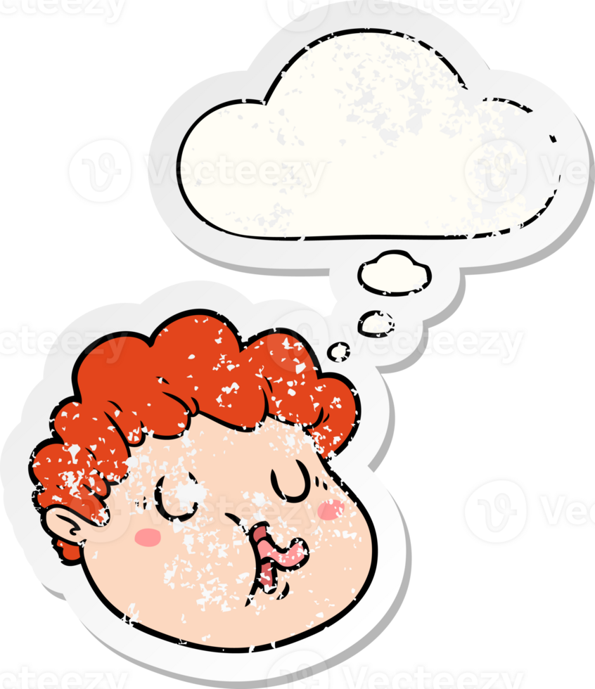 cartoon male face and thought bubble as a distressed worn sticker png