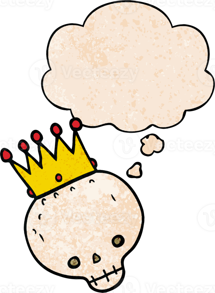 cartoon skull with crown and thought bubble in grunge texture pattern style png