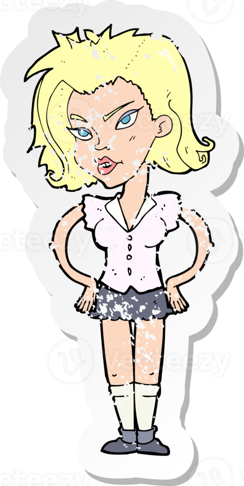 retro distressed sticker of a cartoon woman with hands on hips png