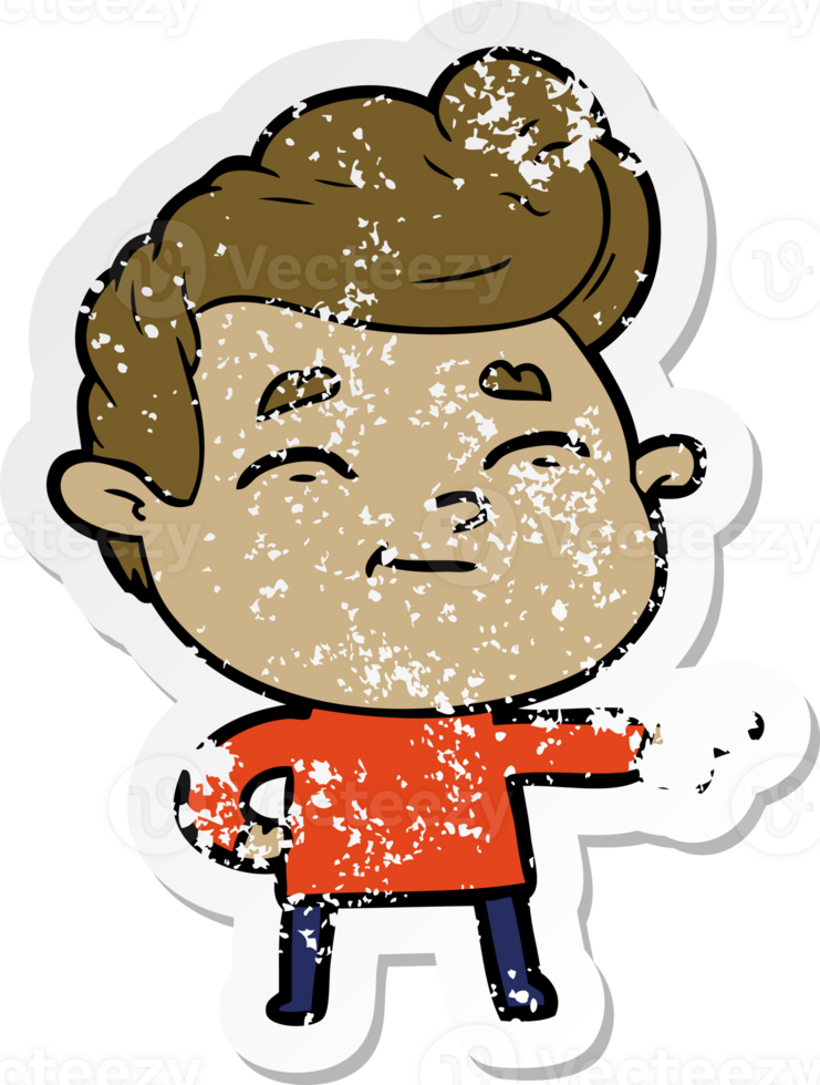 distressed sticker of a happy cartoon man pointing png