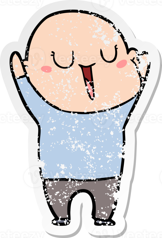 distressed sticker of a happy cartoon bald man png