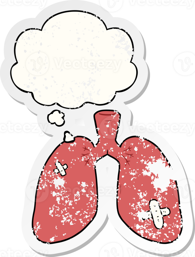 cartoon repaired lungs and thought bubble as a distressed worn sticker png