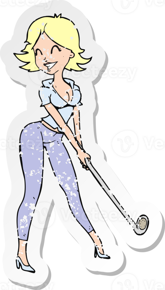 retro distressed sticker of a cartoon woman playing golf png