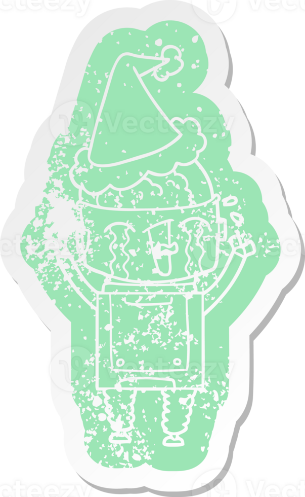 cartoon distressed sticker of a crying robot wearing santa hat png