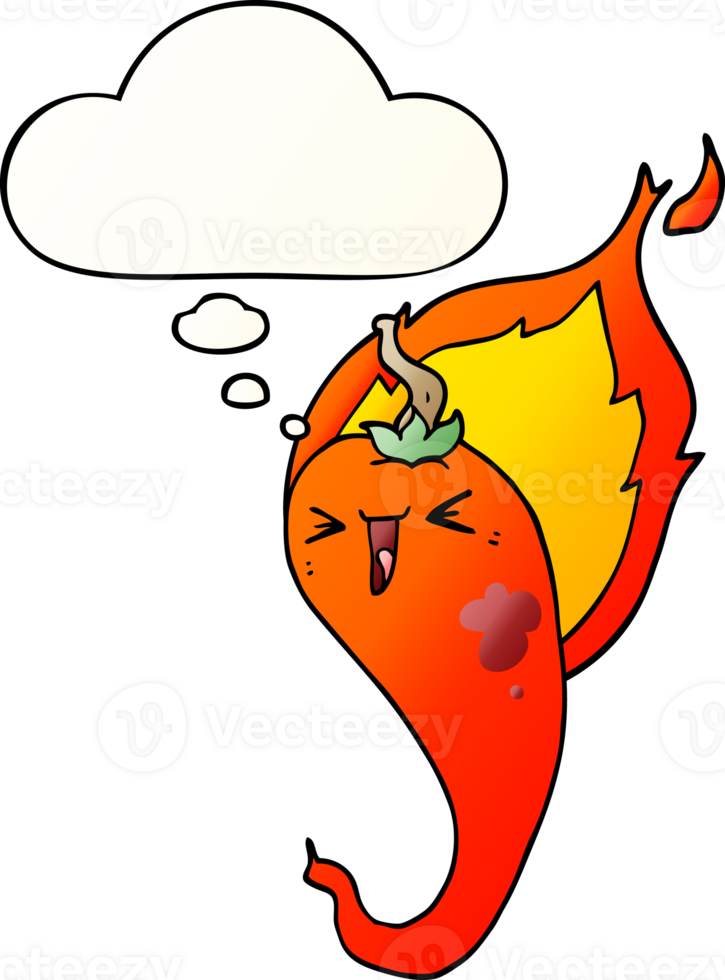 cartoon flaming hot chili pepper and thought bubble in smooth gradient style png