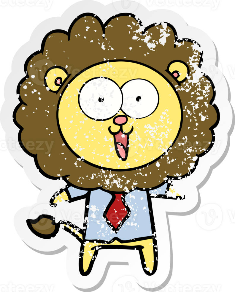 distressed sticker of a happy cartoon lion png