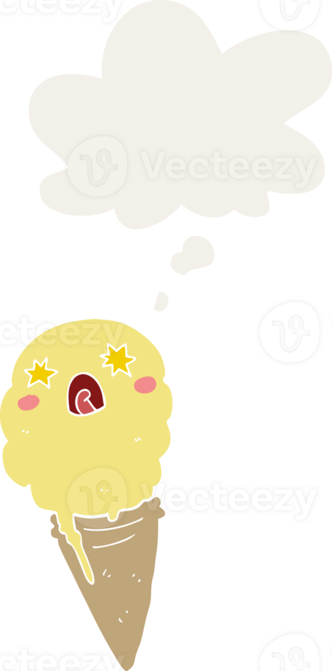 cartoon shocked ice cream and thought bubble in retro style png