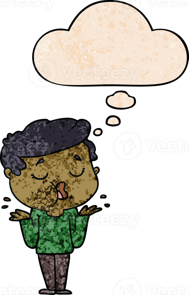 cartoon man talking and shrugging shoulders and thought bubble in grunge texture pattern style png