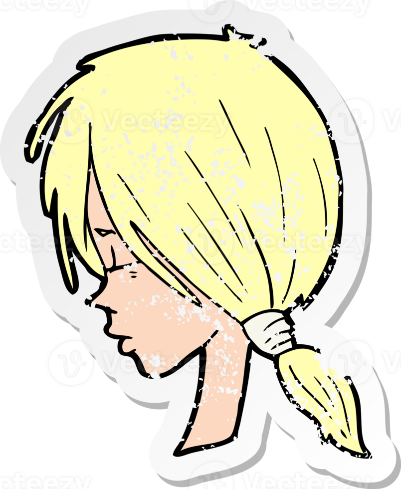 retro distressed sticker of a cartoon girl looking thoughtful png