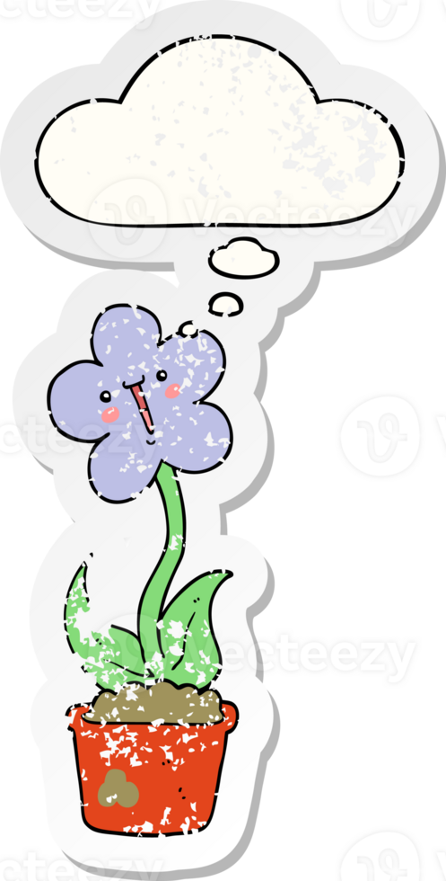 cute cartoon flower and thought bubble as a distressed worn sticker png