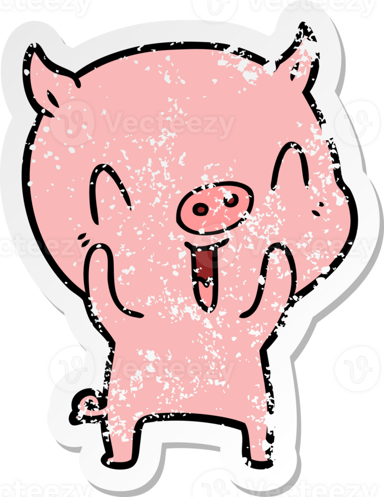 distressed sticker of a happy cartoon pig png