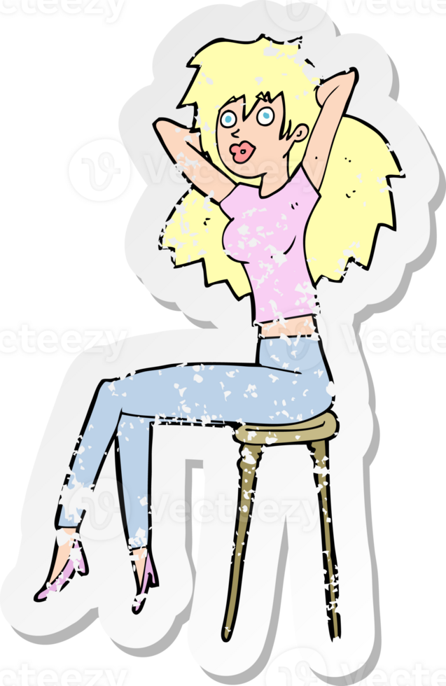 retro distressed sticker of a cartoon woman posing on stool png