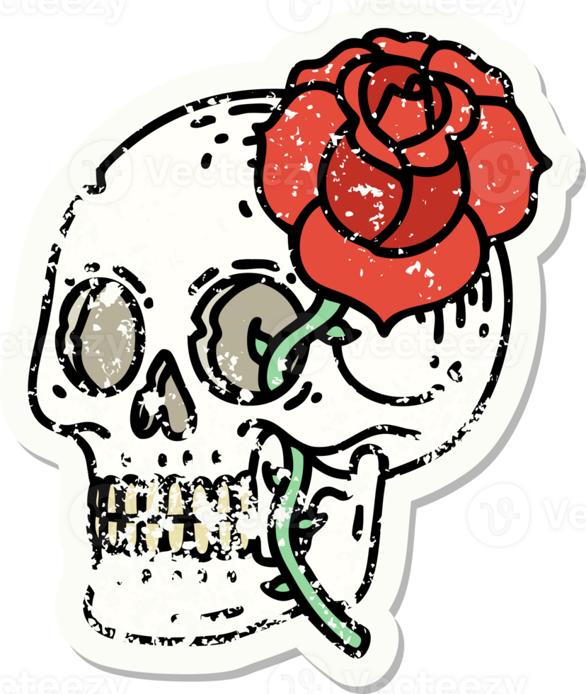 traditional distressed sticker tattoo of a skull and rose png