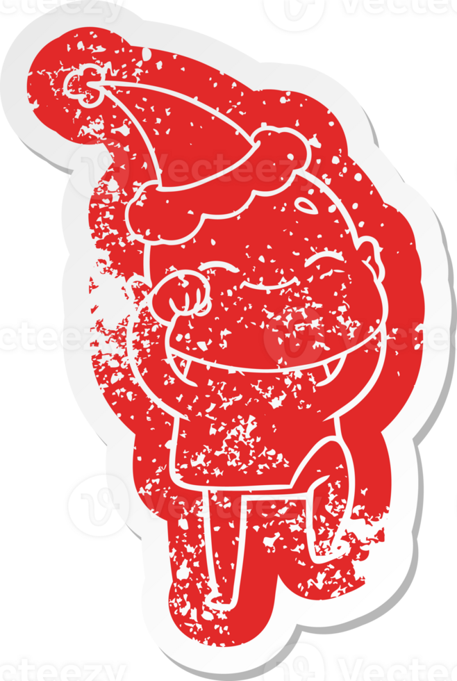 happy cartoon distressed sticker of a bald man wearing santa hat png