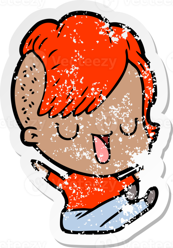 distressed sticker of a cute cartoon girl with hipster haircut png
