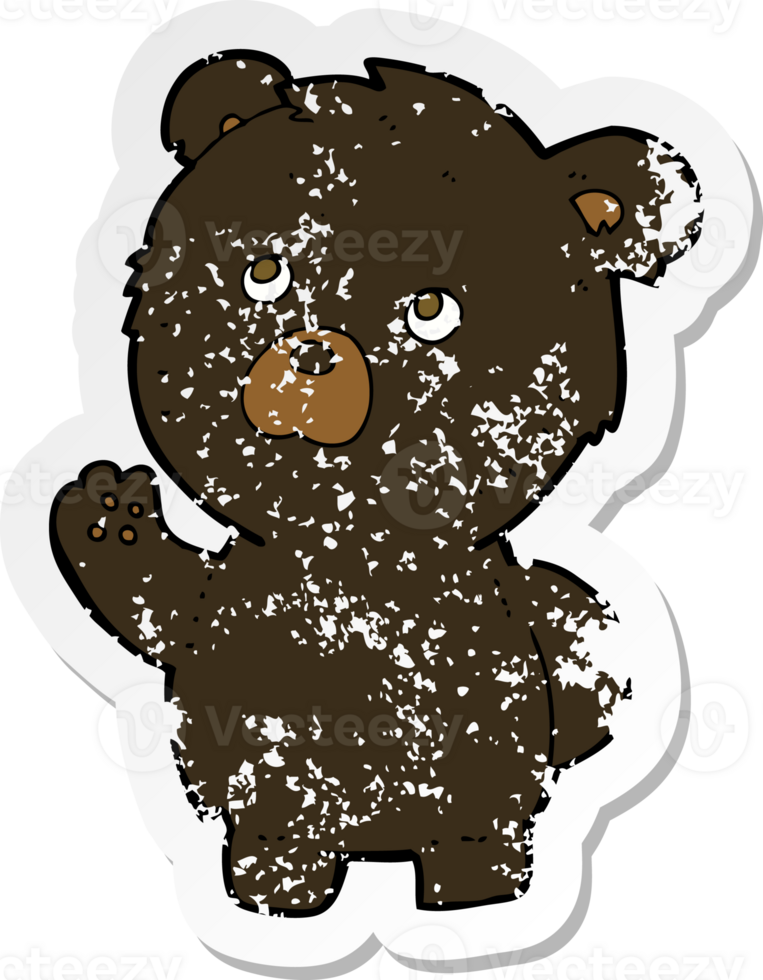 retro distressed sticker of a cartoon waving black bear png